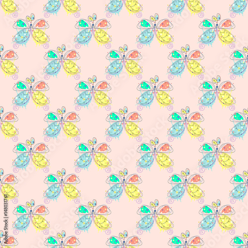 Vector seamless pattern with insect Hand drawn outline decorative endless background with cute drawn butterfly Graphic illustration. Line drawing. Print for wrapping, background, decor