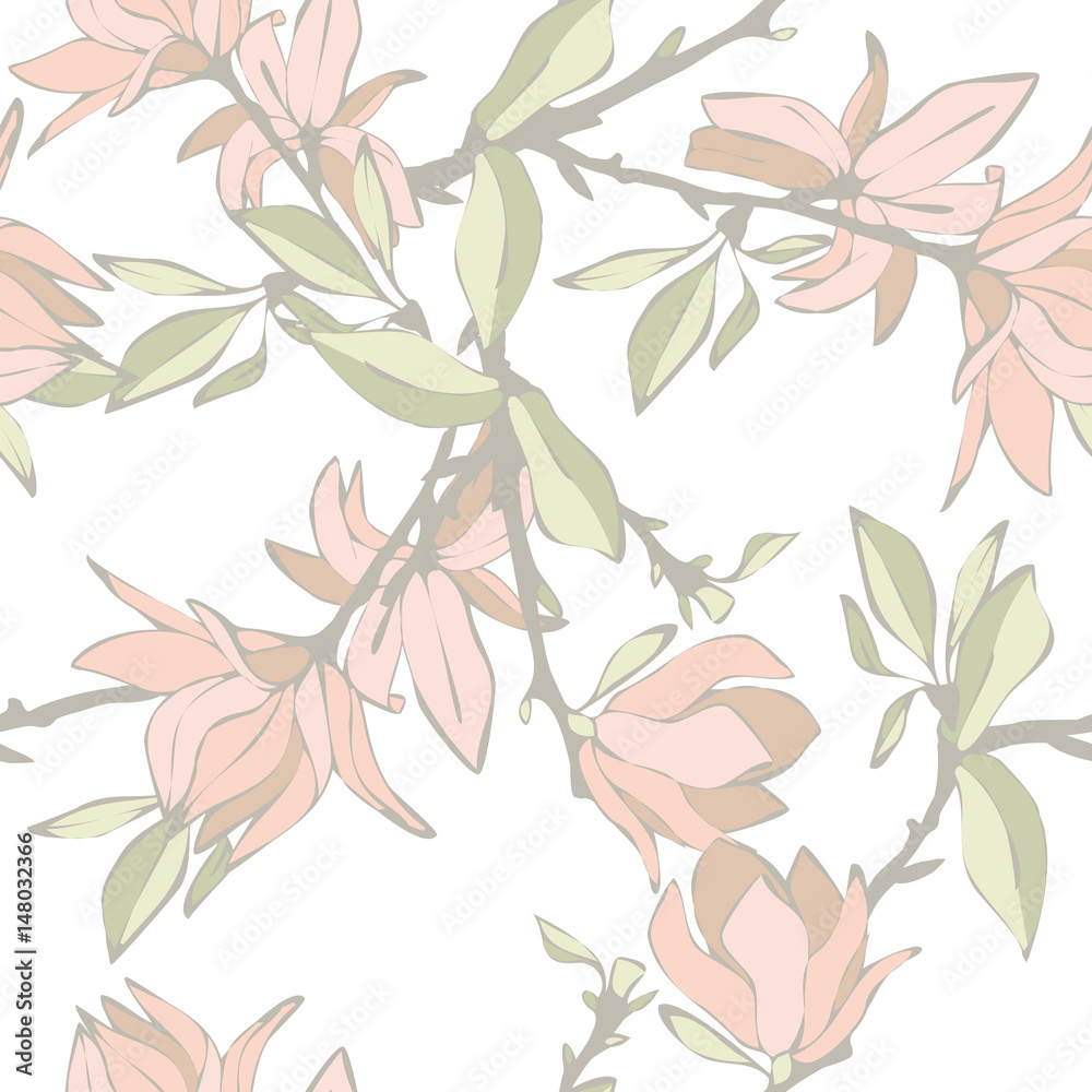 Magnolia Flowers Seamless Pattern.