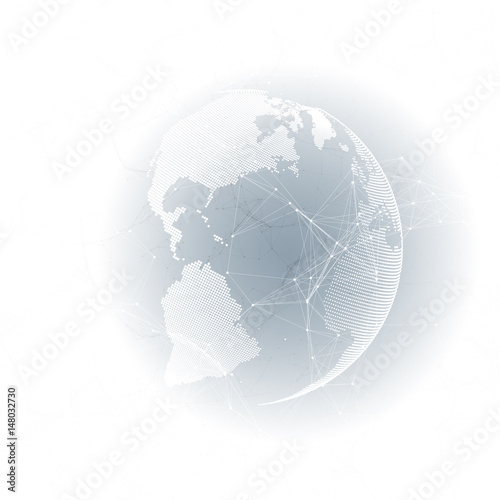Abstract futuristic network shapes. High tech HUD background, connecting lines and dots, polygonal linear texture. World globe on gray. Global network connections, geometric design, dig data concept.