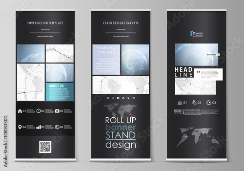 The black colored vector illustration of the editable layout of roll up banner stands, vertical flyers, flags design business templates. World globe on blue. Global network connections, lines and dots