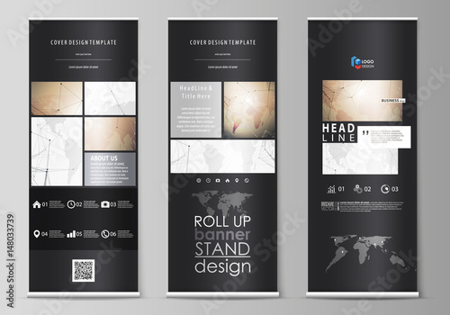 The black colored vector illustration of editable layout of roll up banner stands, vertical flyers, flags design business templates. Global network connections, technology background with world map.