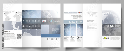 The minimalistic abstract vector illustration of the editable layout of two creative tri-fold brochure covers design business templates. Abstract futuristic network shapes. High tech background.