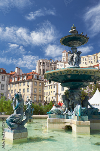 Baroque style bronze fountain on Rossio square. Lisbon. Portugal