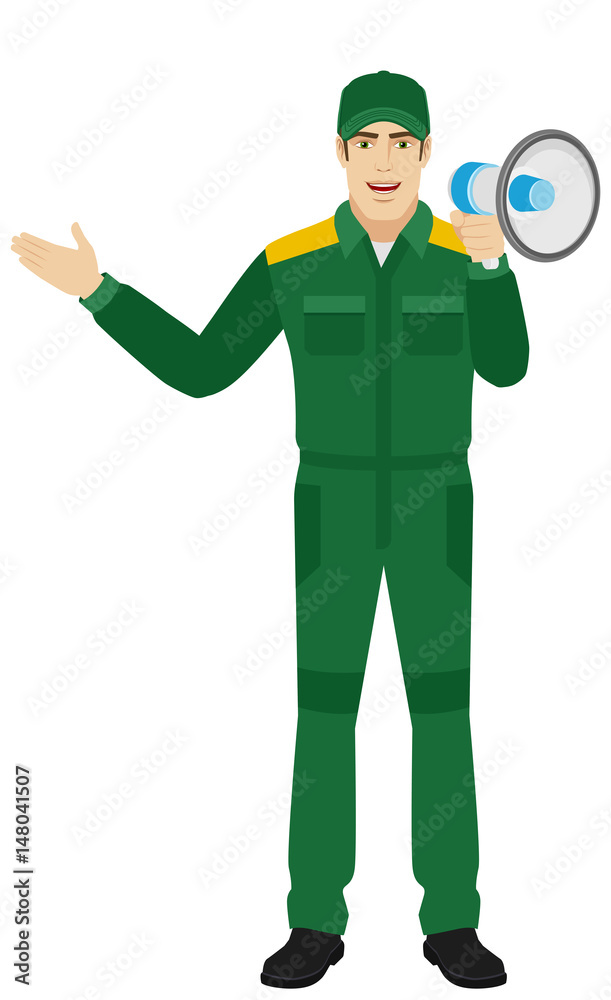 Worker with loudspeaker showing something beside of him Worker with loudspeaker showing something beside of him
