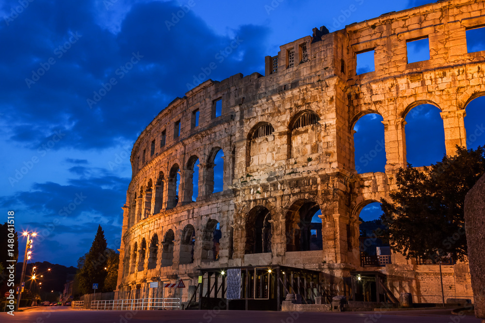 Pula amphitheatre during the morning blue hour