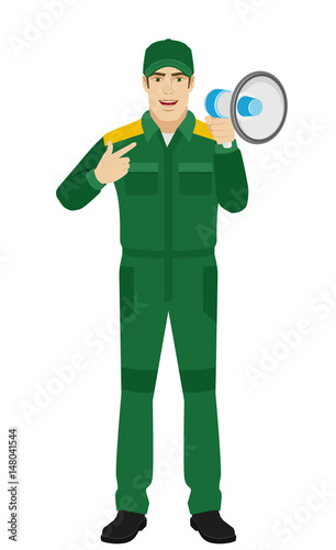 Worker pointing at a loudspeaker