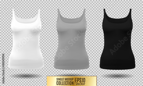 Vector illustration of fitness tank top for women. Realistic illustration sport wear. Realistic vector objects on transparent background. White, gray and black colors.