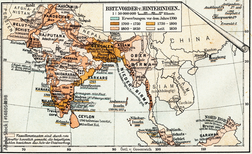 British Empire - Indian subcontinent and Farther India (from Meyers Lexikon, 1895, 7/1028/1029)
