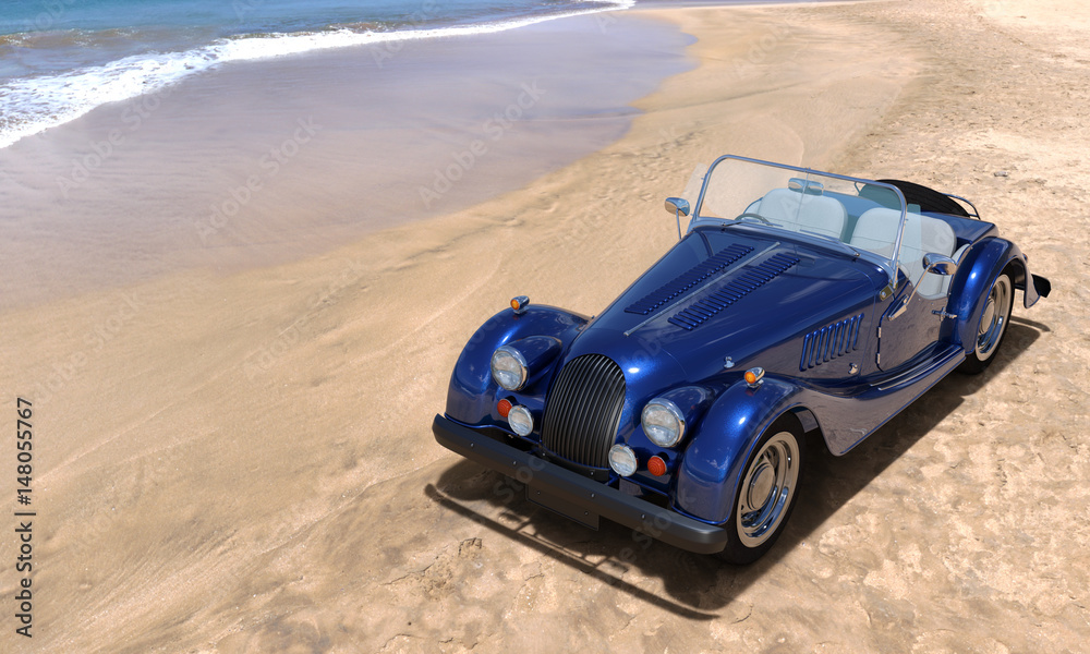 A car on resort seashore in a sunny day. 3d render