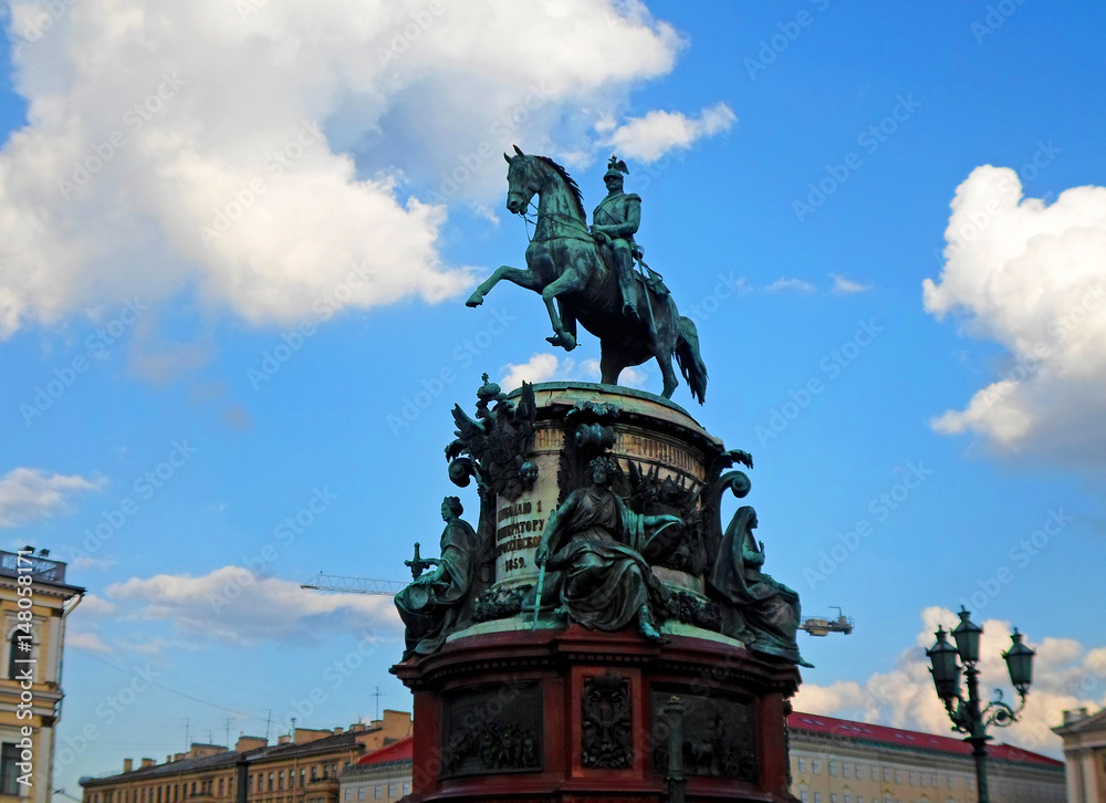 The Monument to Nicholas I, a bronze equestrian monument of Nicholas I of Russia on St Isaac's Square (in front of Saint Isaac's Cathedral) in Saint Petersburg, Russia - June 2016