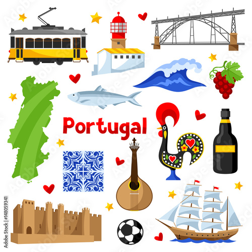 Portugal icons set. Portuguese national traditional symbols and objects