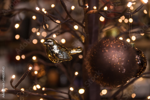 Blurred abstract dark background light with Christmas toys