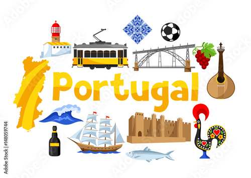 Portugal background design. Portuguese national traditional symbols and objects