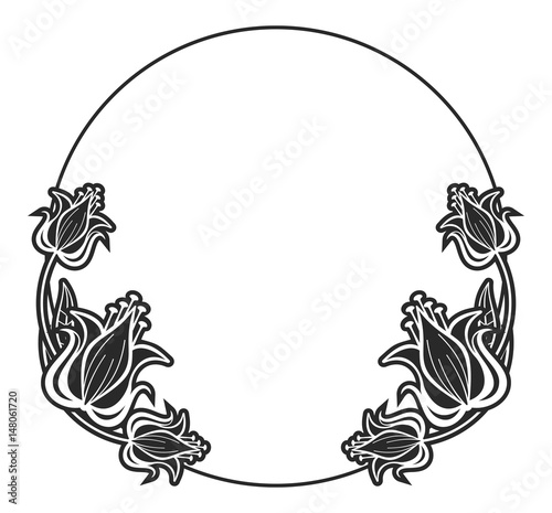 Black and white round frame with floral silhouettes. Copy space. 