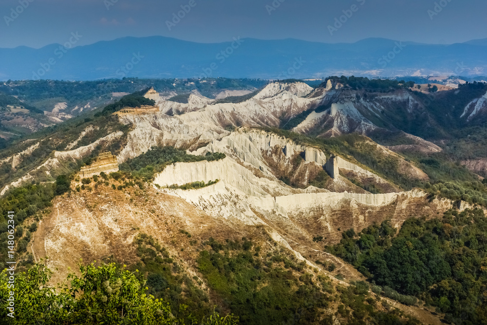 Landscape of Calanchi valley and chalk cliffs at Civita di Bagnoregio, Lazio, Italy