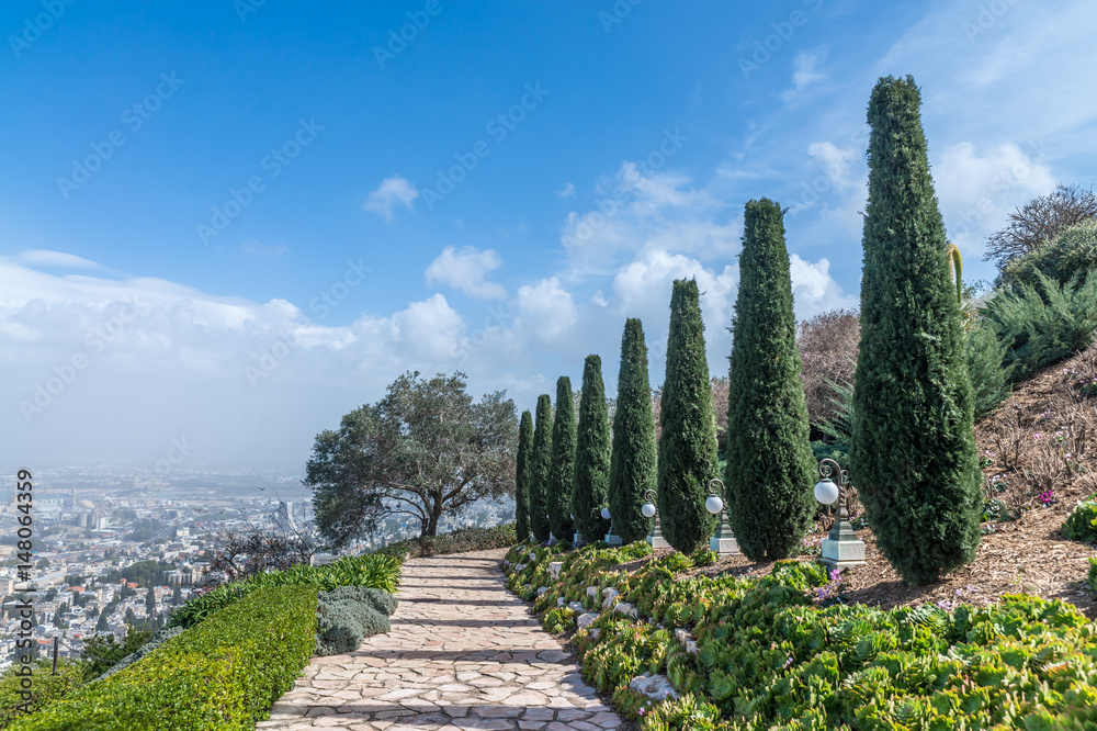 Beautiful view of the Bahai Public Gardens in Haifa, Israel