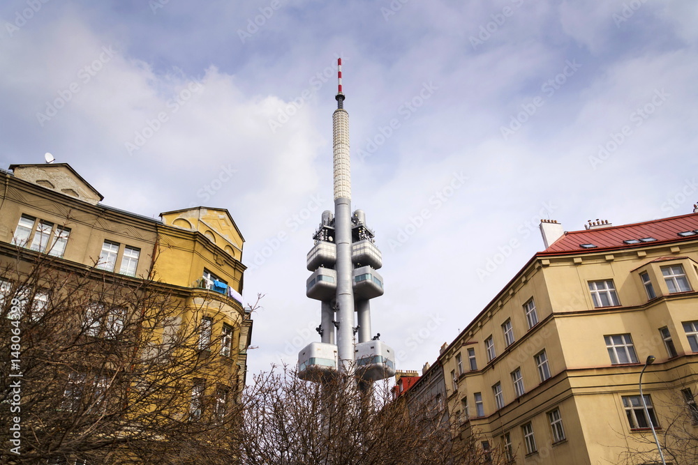 Prague skyline with Zizkov television tower transmitter