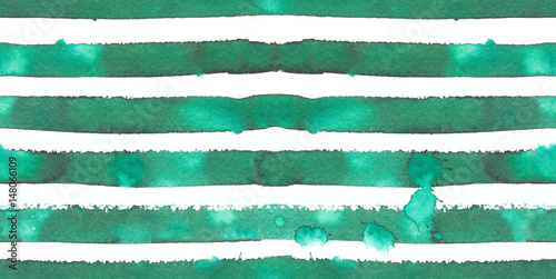 Seamless pattern with emerald green horizontal stripes painted in watercolor on white isolated background photo
