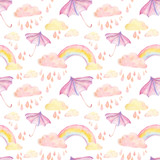 Watercolor seamless pattern with rainbow, clouds, raindrops isolated on white. Children cute repeating background