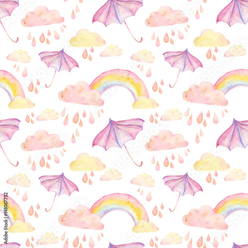 Watercolor seamless pattern with rainbow, clouds, raindrops isolated on white. Children cute repeating background