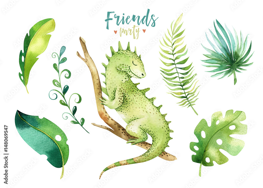 Obraz premium Baby animals nursery isolated illustration for children. Watercolor boho tropical drawing, child cute tropic iguana. Baby shower