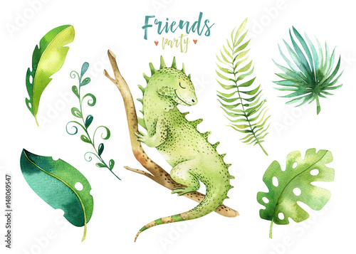 Baby animals nursery isolated illustration for children. Watercolor boho tropical drawing, child cute tropic iguana. Baby shower © kris_art