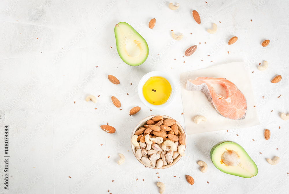 Healthy food. Products with healthy fats. Omega 3, omega 6. Ingredients