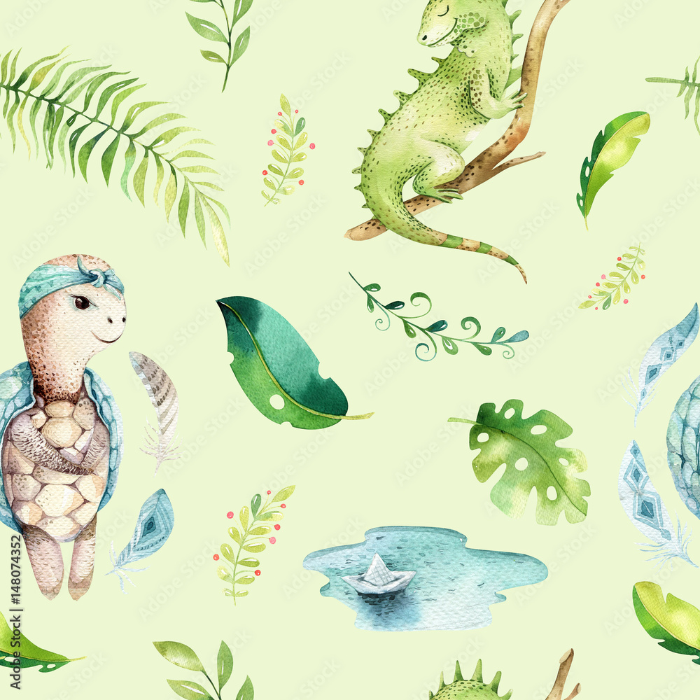 Baby animals nursery isolated seamless pattern. Watercolor boho tropical  fabric drawing, child tropical drawing cute iguana, turtle and palm tree,  alligator tropic green Stock Illustration | Adobe Stock