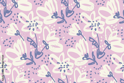 Hand drawn shabby floral seamless pattern for surface design, wrapping paper, fabric, background. Sketch style pale color flowers repeatable motif.