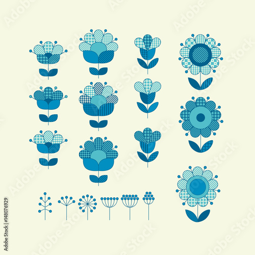 Vector flower horizontal design element template print and web design in peasant folk style. Abstract concept floral illustration in blue color.