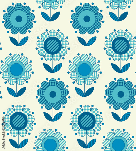 Vector seamless flower pattern for surface design in traditional folk style. Geometry 60s inspired floral  illustration in blue pottery color for wrapping paper, fabric, cloth.