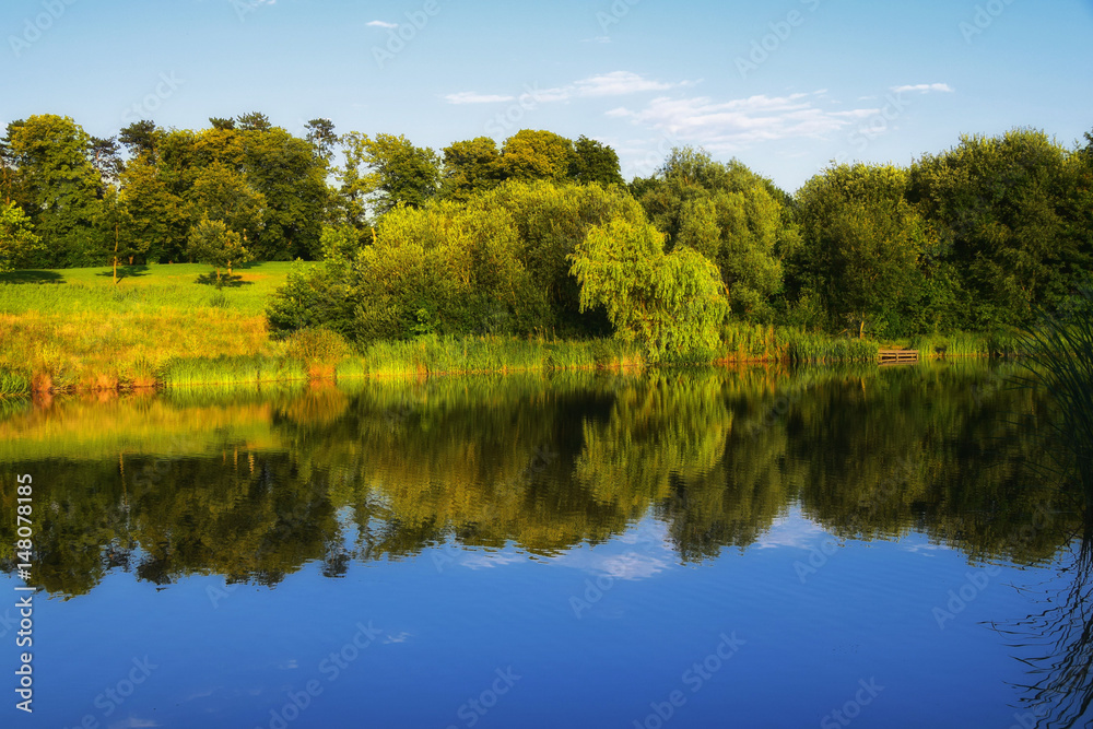 Summer countryside reflection in a calm still lake