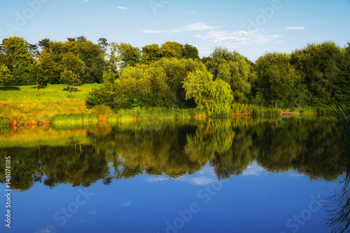 Summer countryside reflection in a calm still lake