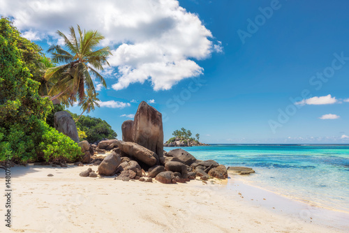 Palm trees and rocks on white sand beach, Mahe island, Seychelles.