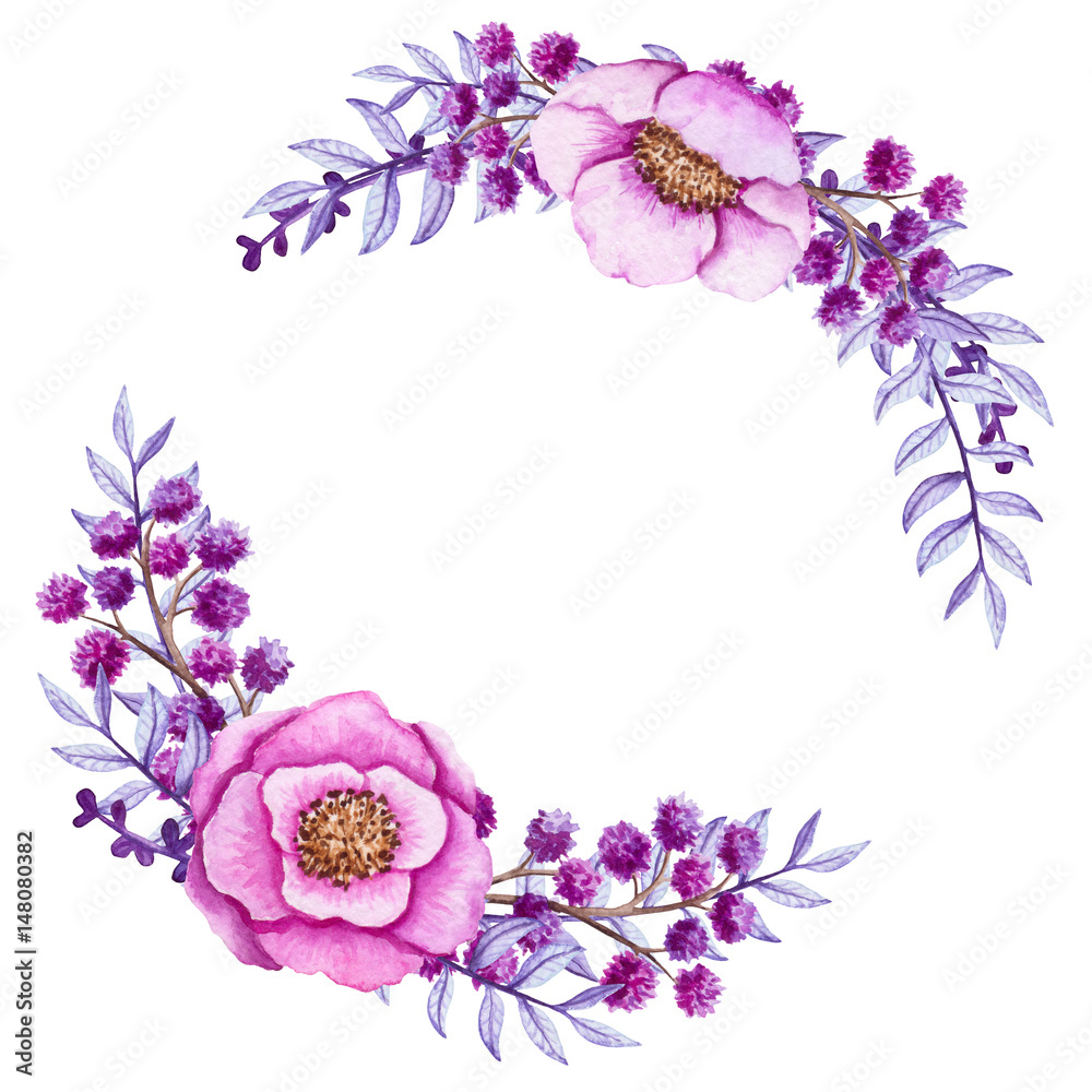 Wreath with Watercolor Violet Leaves and Pink Flowers