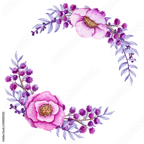 Wreath with Watercolor Violet Leaves and Pink Flowers