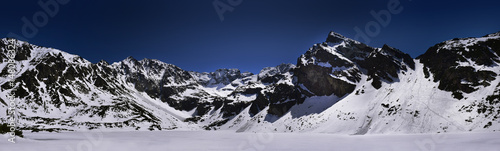 Panoramic view of winter high Tatra mountain. Wolowiec peak
