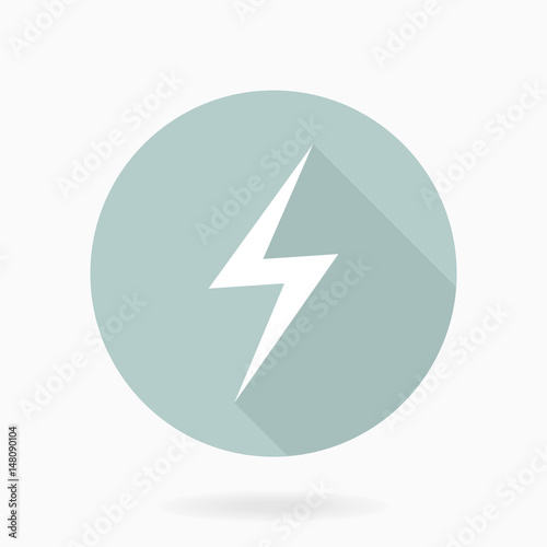 Fine vector white icon with lightning in circle. Flat design with long shadow