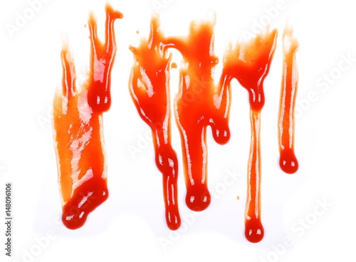 red ketchup splashes isolated on white background, tomato 