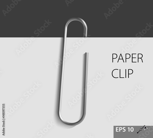 Metal paper clip on white paper. Vector illustration