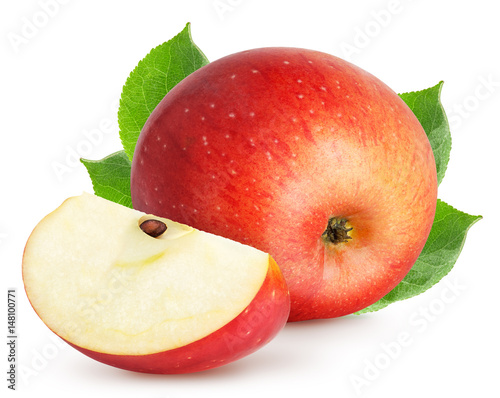 Isolated apples. Whole red apple fruit and a piece with leaves isolated on white, with clipping path