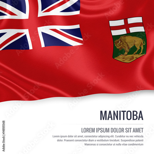 Canadian state Manitoba flag waving on an isolated white background. State name and the text area for your message. photo