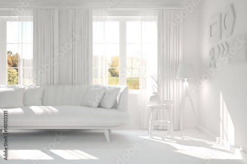 White room with sofa. Scandinavian interior design. 3D illustration