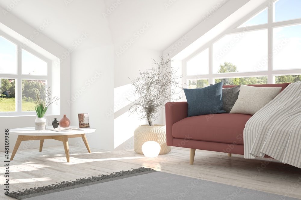 White room with sofa and green landscape in window. Scandinavian interior design. 3D illustration White room with sofa and green landscape in window. Scandinavian interior design. 3D illustration