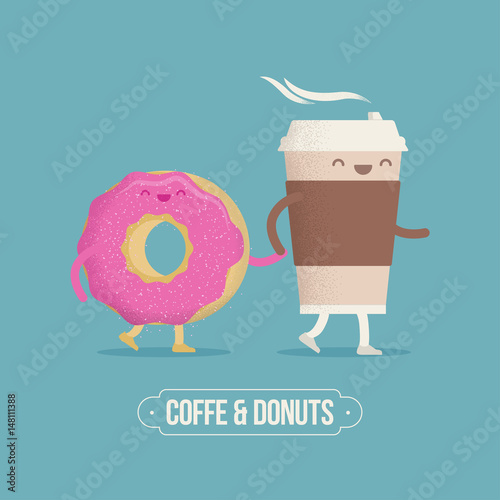 Coffee and Donut. Funny cartoon styled vector illustration.