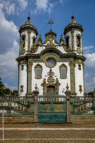 Street view of Sao Joao del Rei with Nossa Senhora do Carmo Church on backgound - Sao Joao Del Rei, Minas Gerais, Brazil