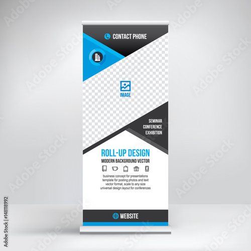 Banner roll-up design, business concept. Graphic template roll-up for 
exhibitions, banner for seminar, layout for placement of photos.
Universal stand for conference, promo banner vector.
