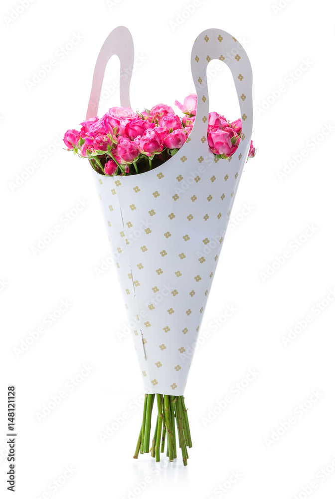 Bunch of pink roses in paper packaging Bunch of pink roses in paper packaging