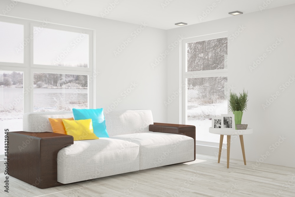 Fototapeta premium White modern room with sofa. Scandinavian interior design. 3D illustration