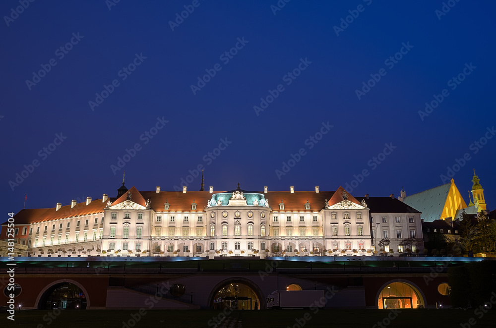 Old Town, Royal Castle at night in Warsaw, Poland.